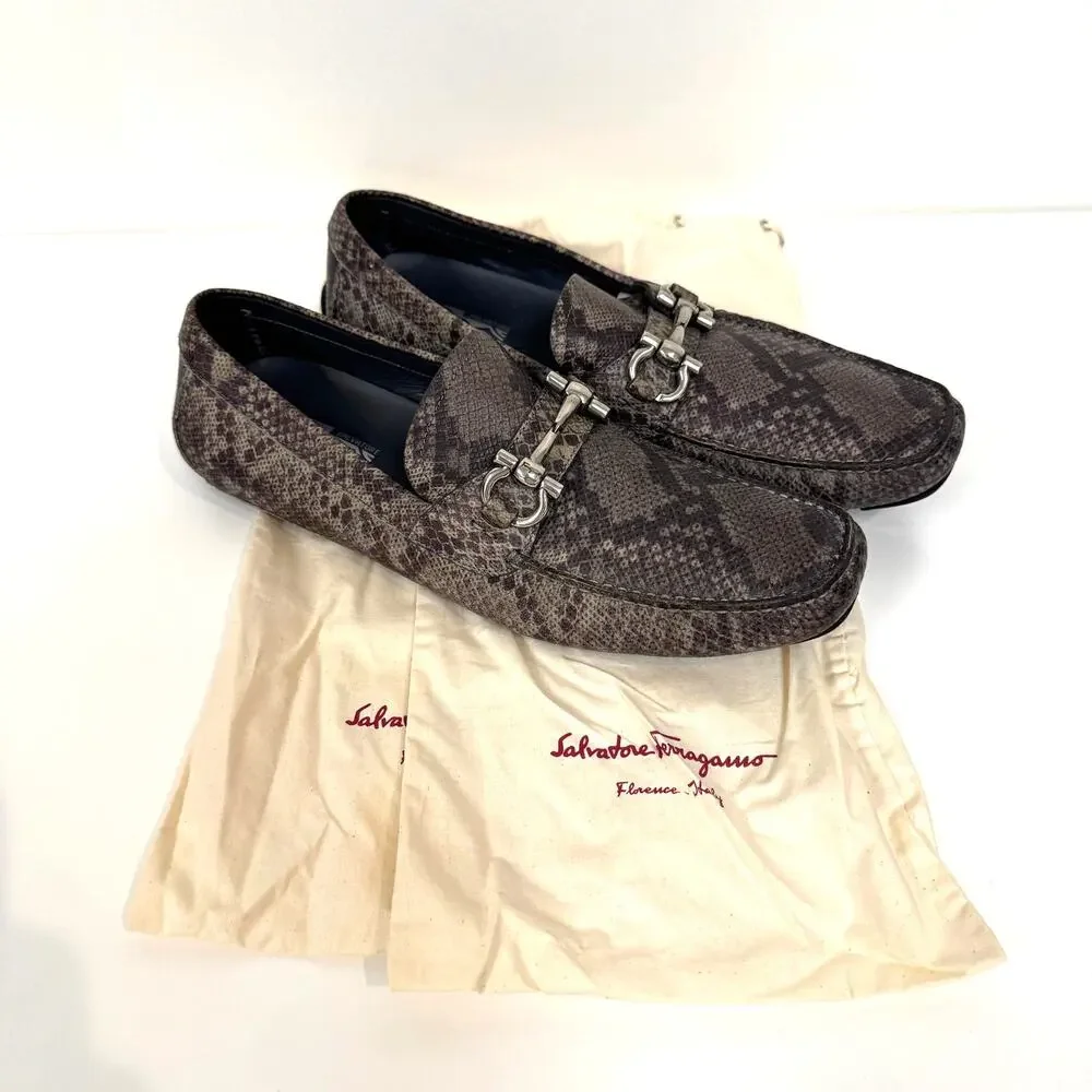 Salvatore Ferragamo Parigi Karung Snakeskin Leather Grey Driving Loafer 11 Shoes